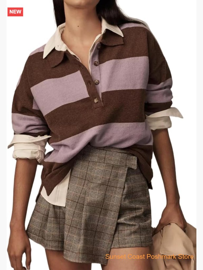 Oversized Striped V-Neck Long Sleeve Rugby Pullover Sweater